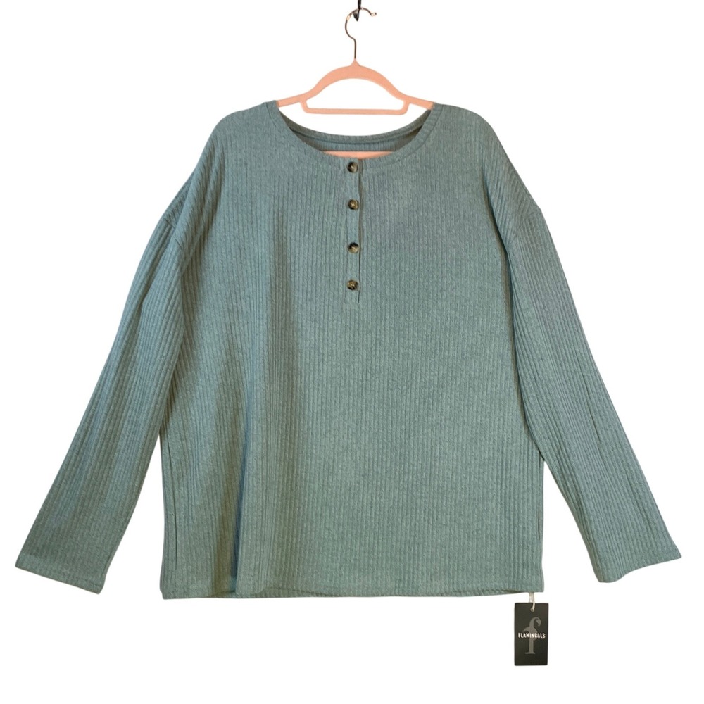 Flamingals Womens 2XL Ribbed Henley Top Sage Green Long Sleeve Knit Shirt NWT